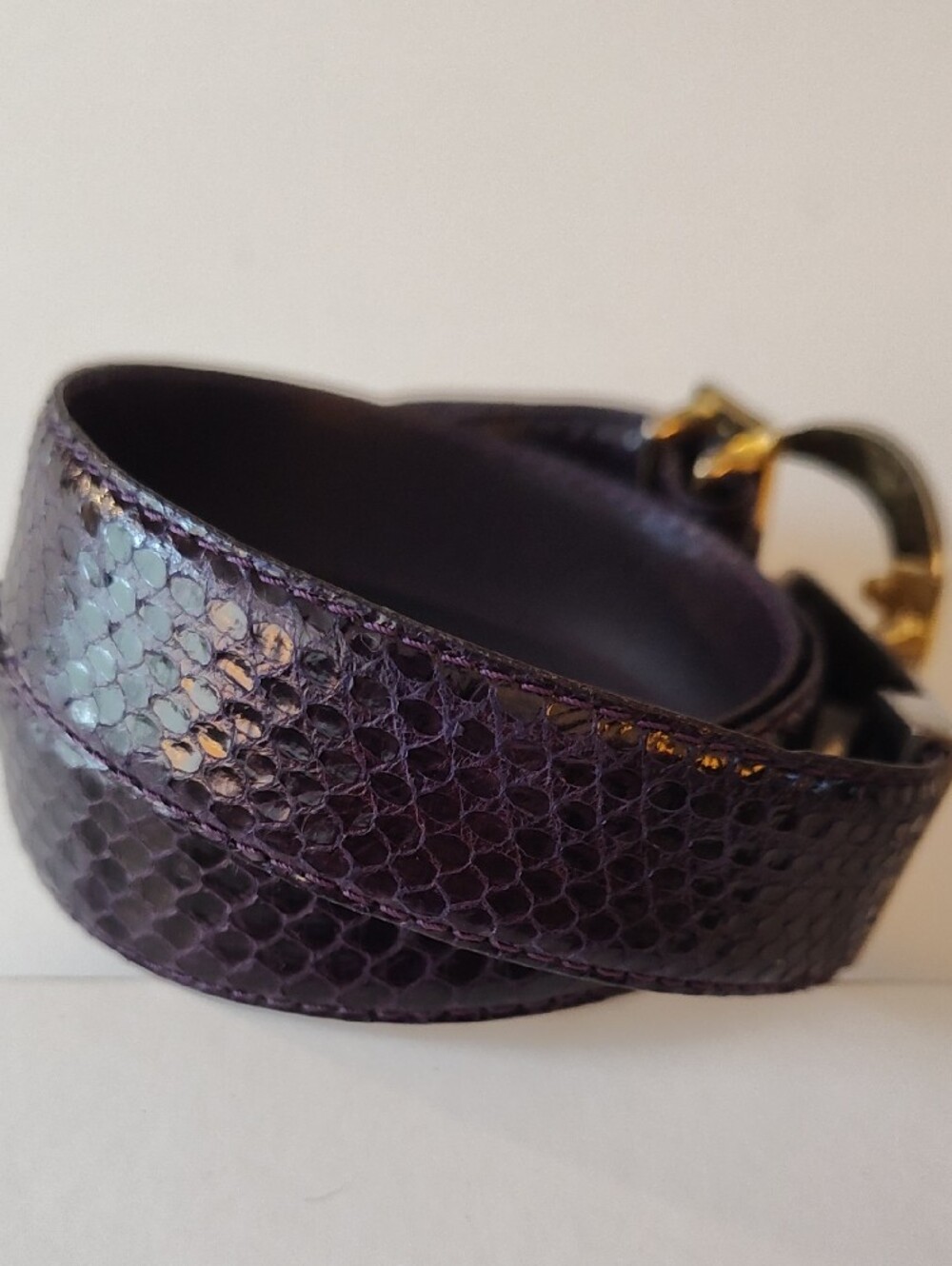 Vintage Christian Dior Purple Snakeskin Belt with Gold & Silver Statement Buckle - Picture 2 of 9